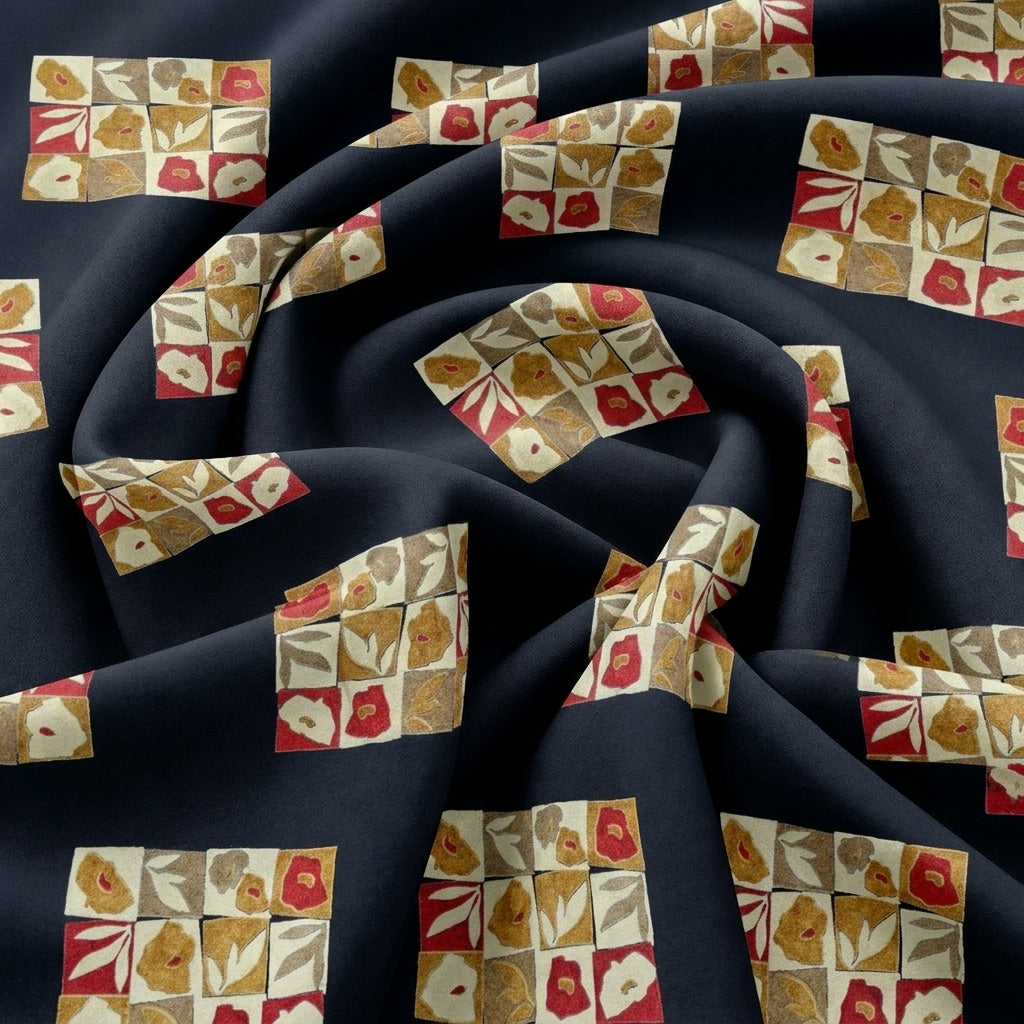Swirled Navy Blue Floral Rayon Fabric Showing Drape