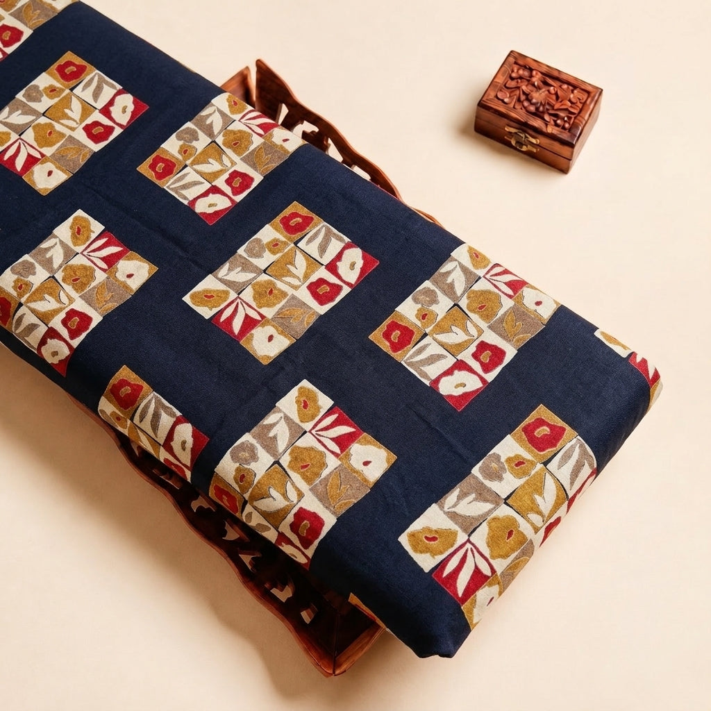 Navy Blue Floral Rayon Fabric, folded