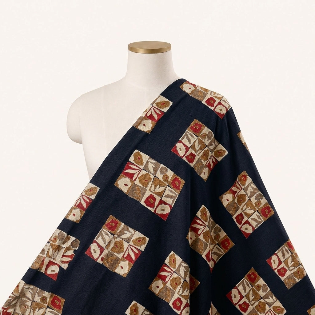 Navy Blue Floral Rayon Fabric Draped as a saree