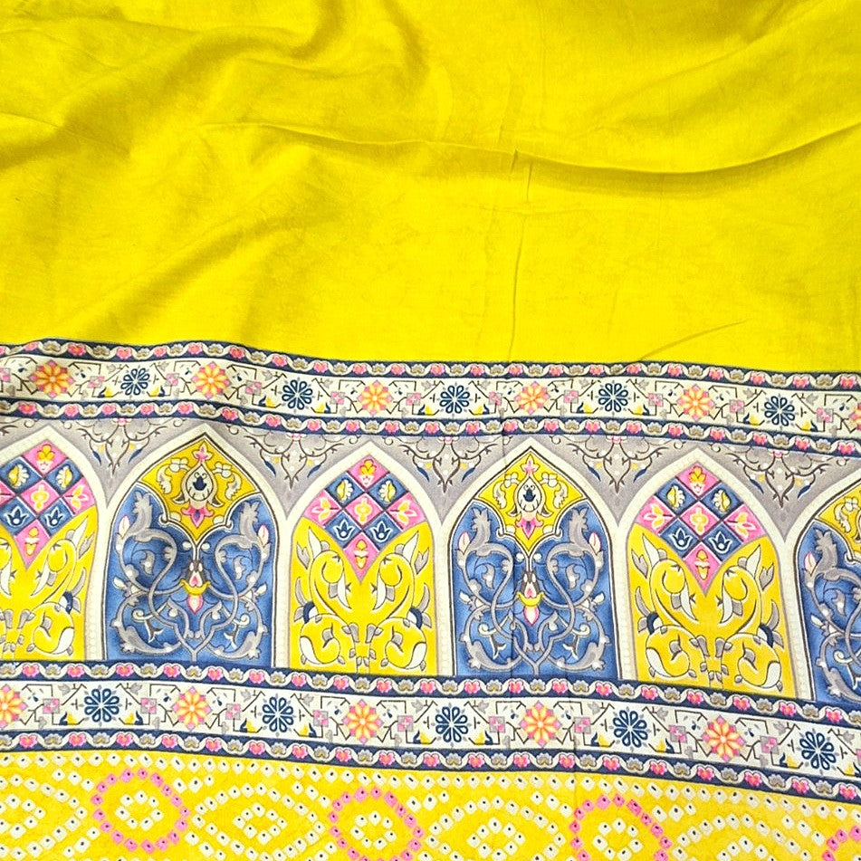 Yellow Printed Rayon Fabric, laid flat