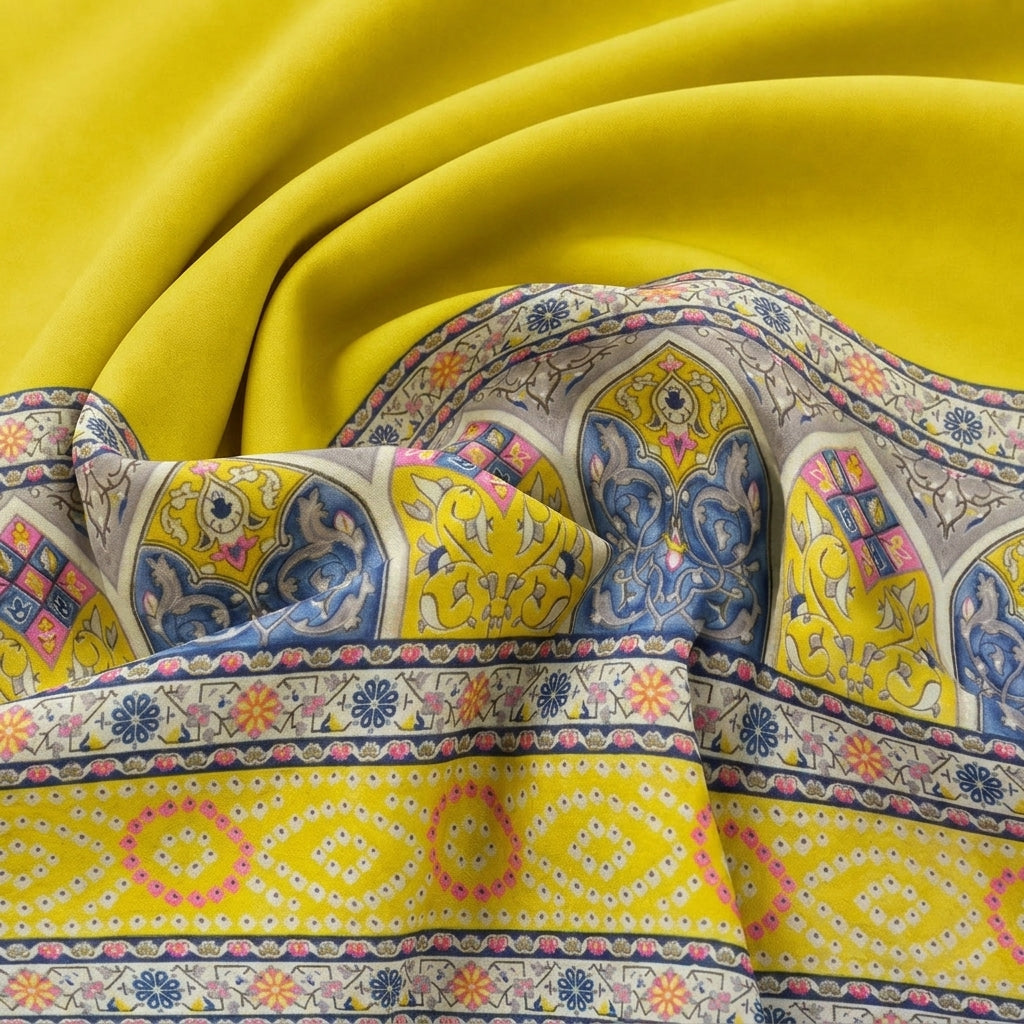 Yellow Printed Rayon Fabric, swirled to show the drape