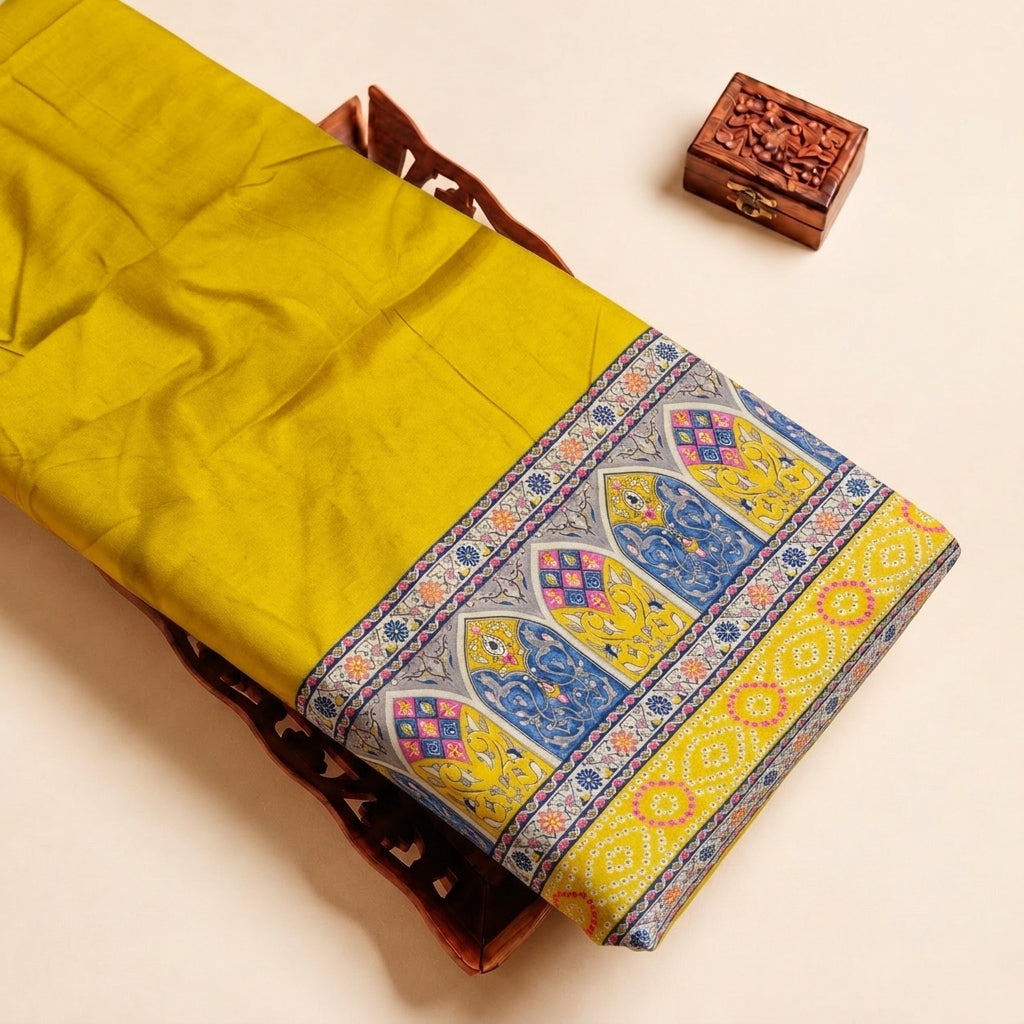 Yellow Printed Rayon Fabric, folded