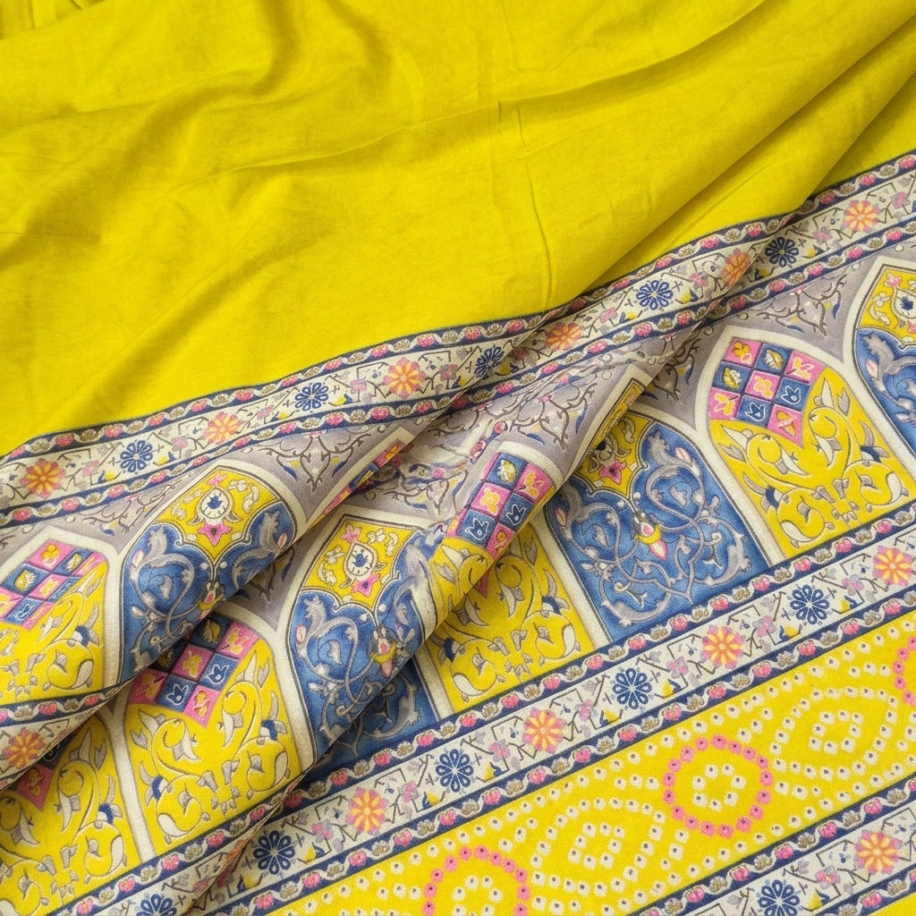 Yellow Printed Rayon Fabric, folded