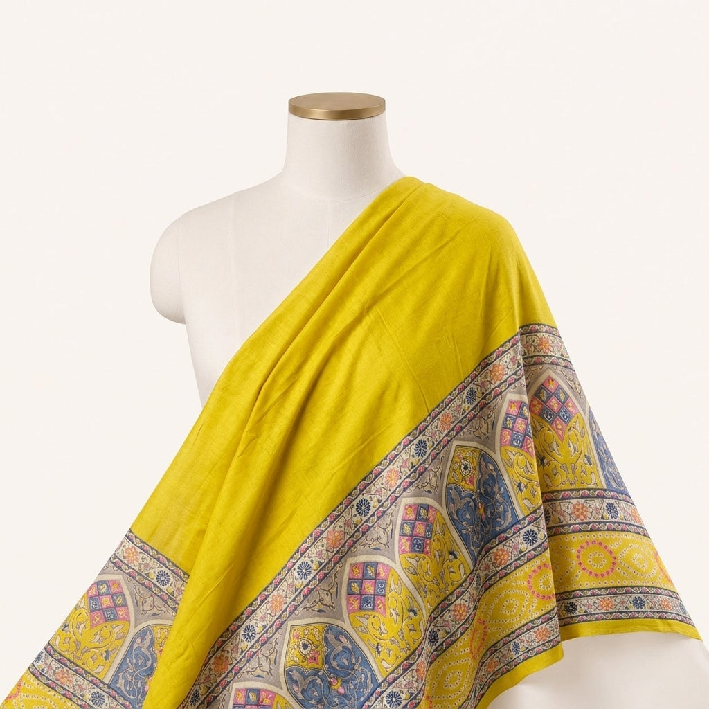 Yellow Printed Rayon Fabric, draped as a saree