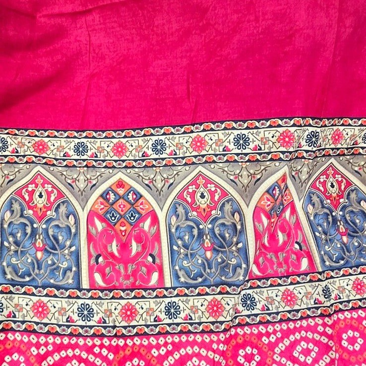 Rani Pink Printed Rayon Fabric, laid flat