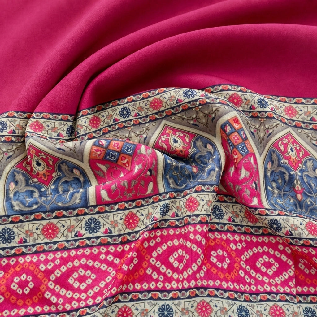 Rani Pink Printed Rayon Fabric, swirled to show the drape