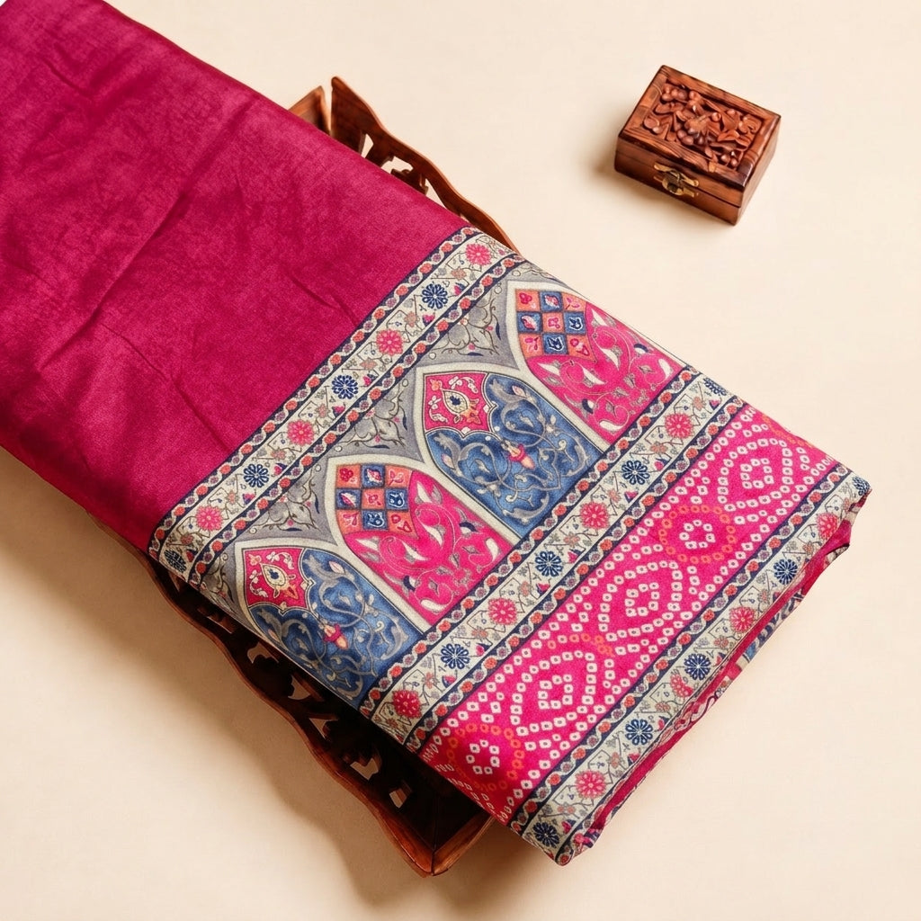 Rani Pink Printed Rayon Fabric, folded