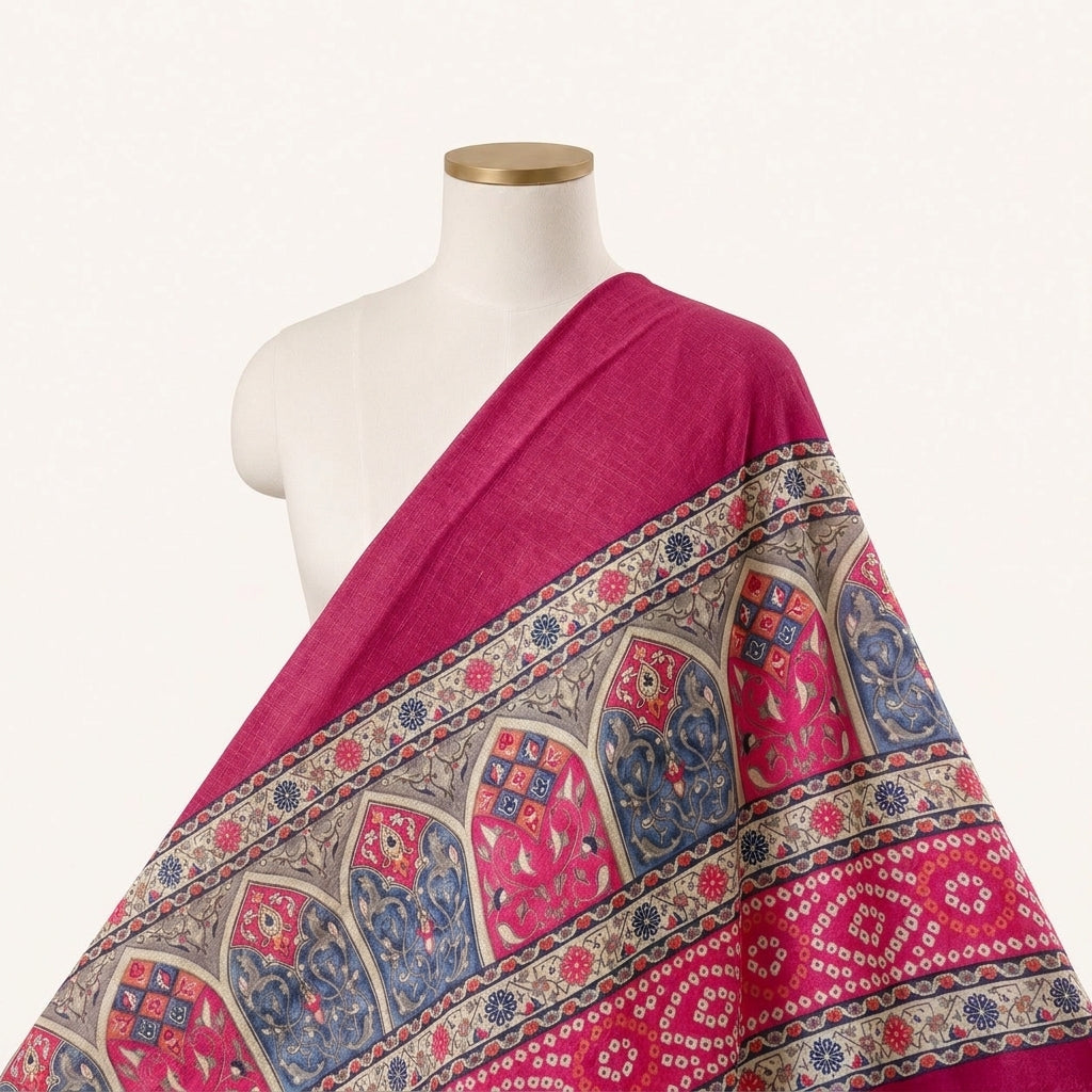 Rani Pink Printed Rayon Fabric, draped as a saree