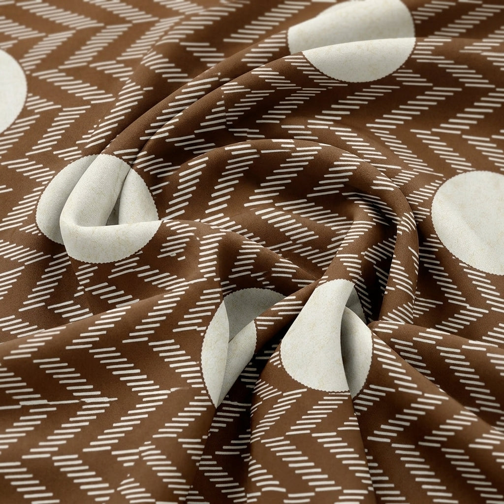 Swirled Brown Abstract Rayon Fabric Showing Drape