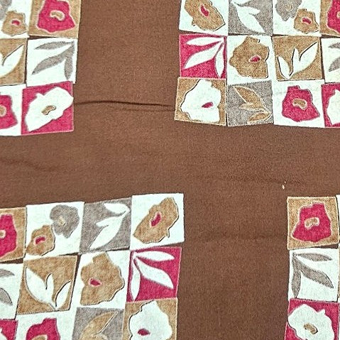 Brown Floral Rayon Fabric, laid flat