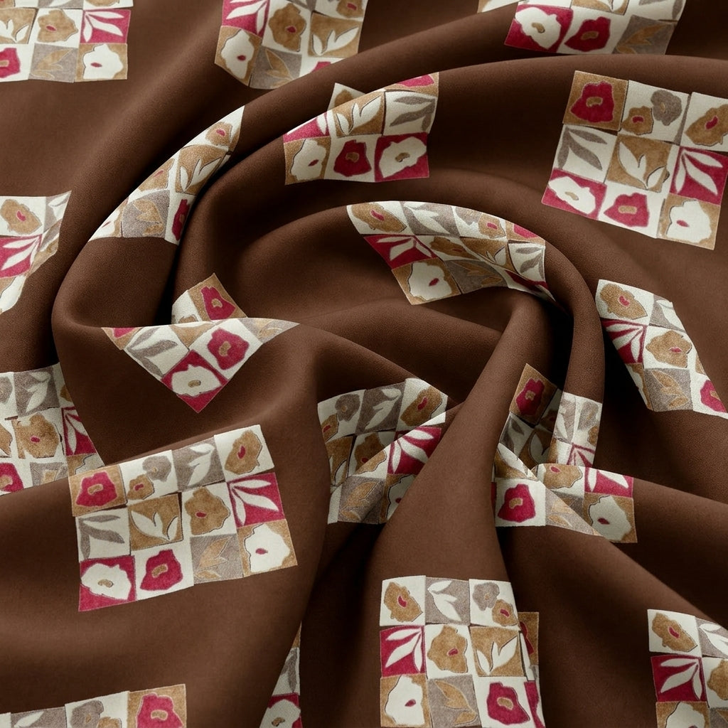 Swirled Brown Floral Rayon Fabric Showing Drape