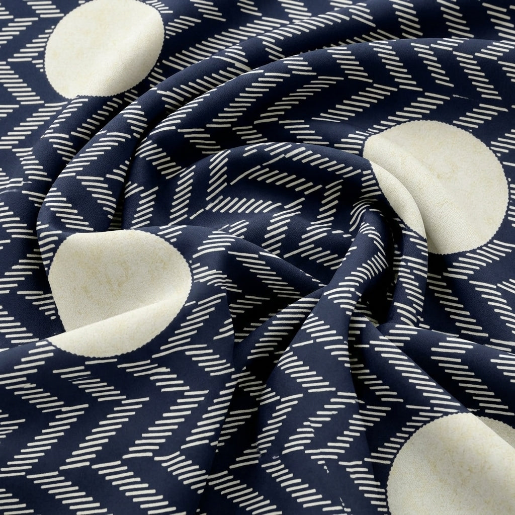 Swirled Navy Blue Abstract Rayon Fabric Showing Drape