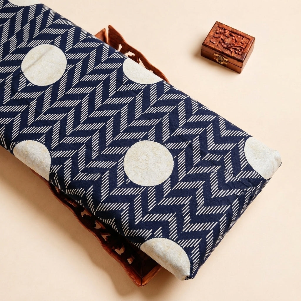 Navy Blue Abstract Rayon Fabric, folded