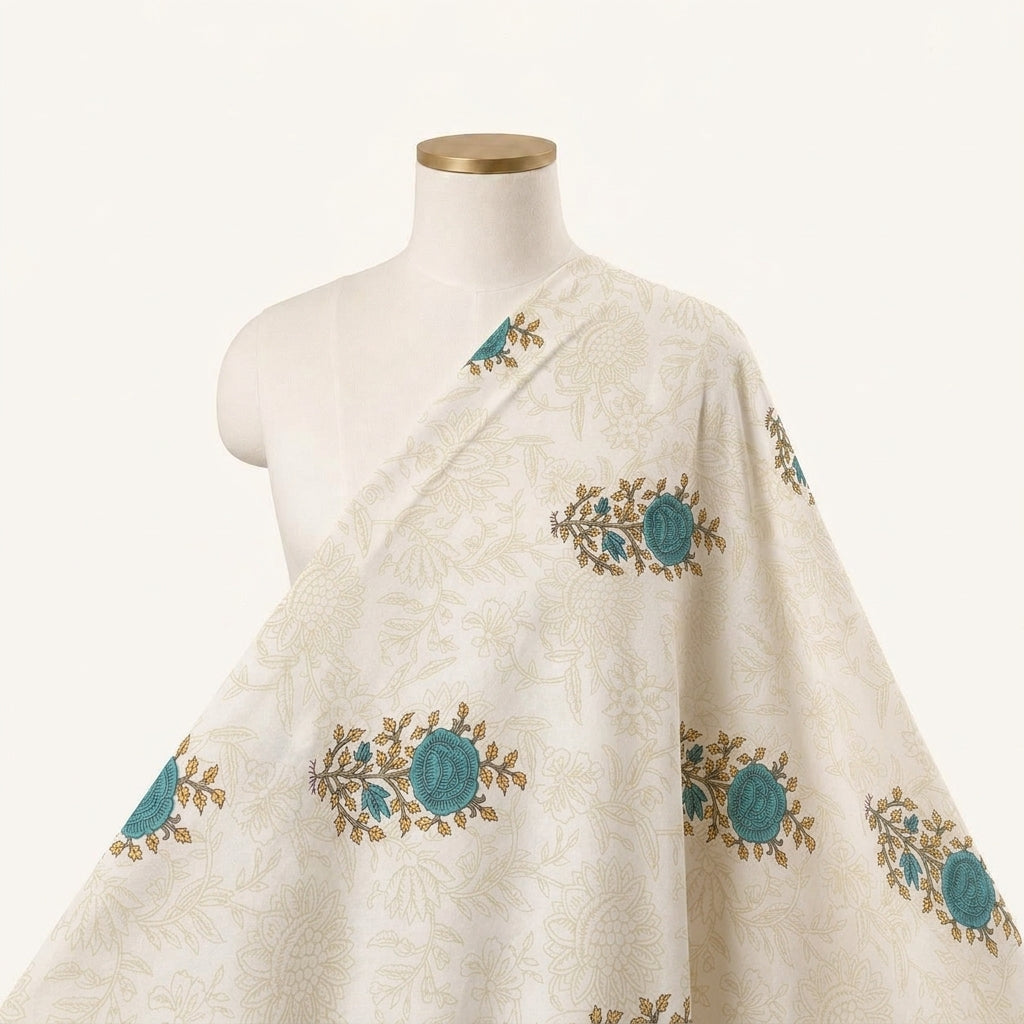 Floral Cream Floral Cotton Fabric Draped as a saree