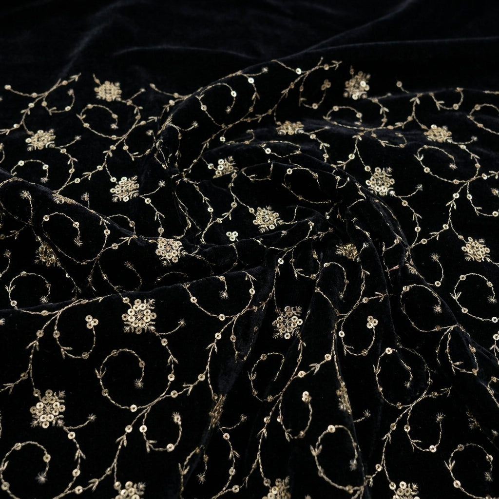 Swirled EMBROIDERY BLACK EMBROIDERY VELVET Fabric