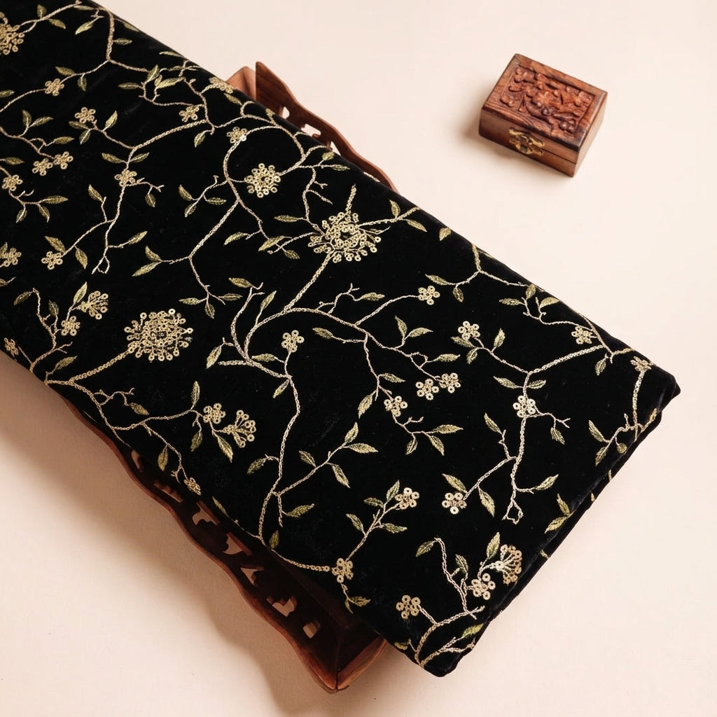 EMBROIDERY BLACK EMBROIDERY VELVET Fabric on a wooden tray