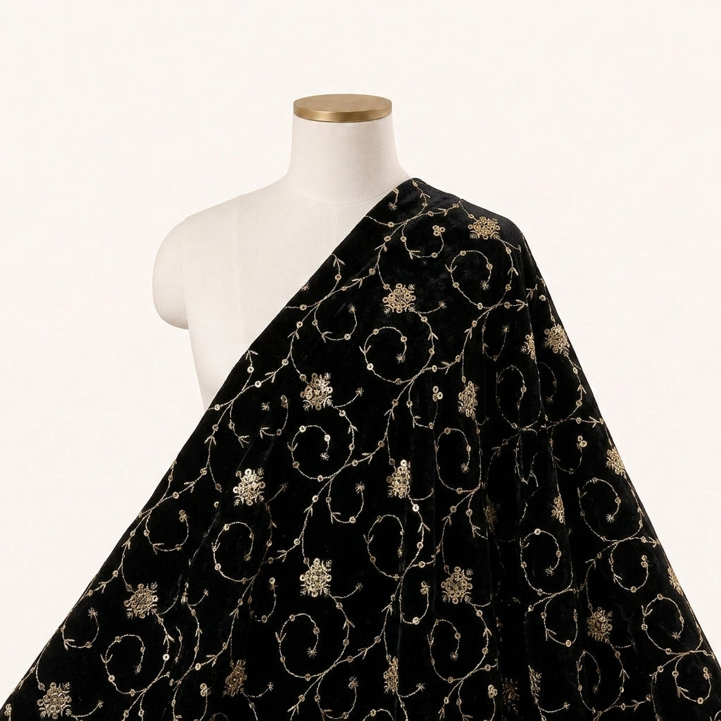 EMBROIDERY BLACK EMBROIDERY VELVET Fabric Draped as a saree