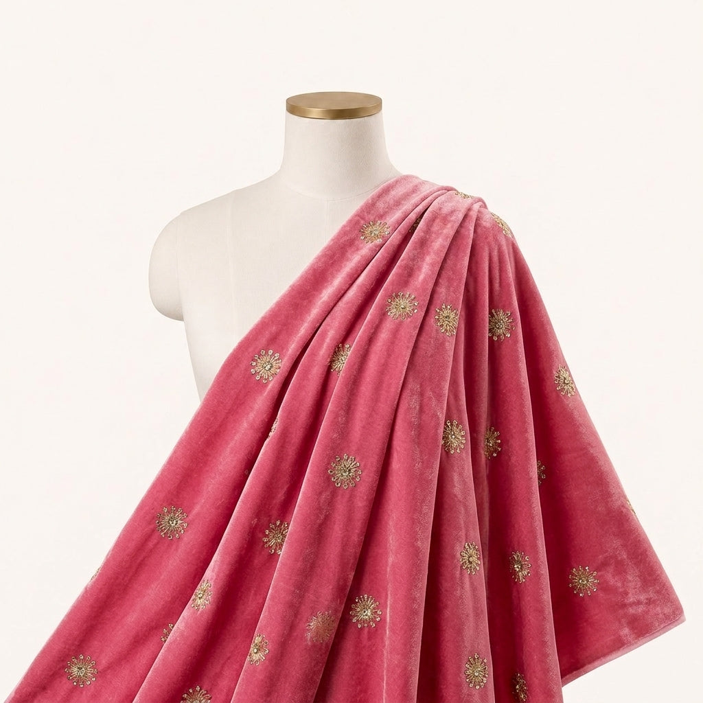 BUTTA PINK BUTTA VELVET Fabric Draped as a saree