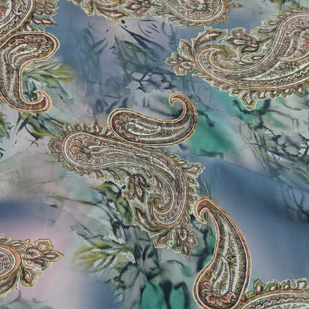 Swirled Paisley Blue Paisley Crepe Fabric