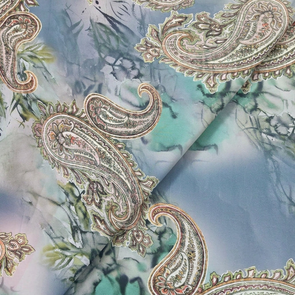 Folded Paisley Blue Paisley Crepe Fabric