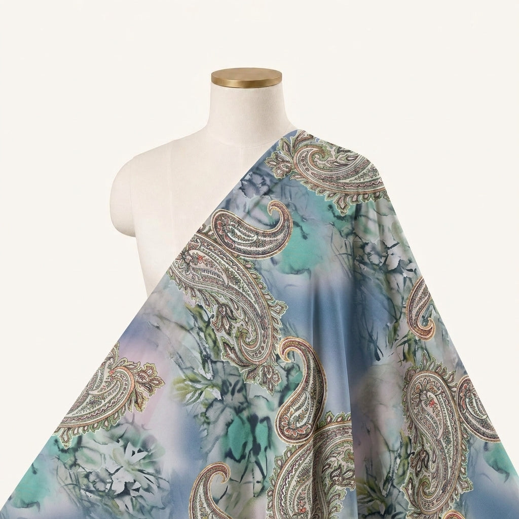Paisley Blue Paisley Crepe Fabric Draped as a saree
