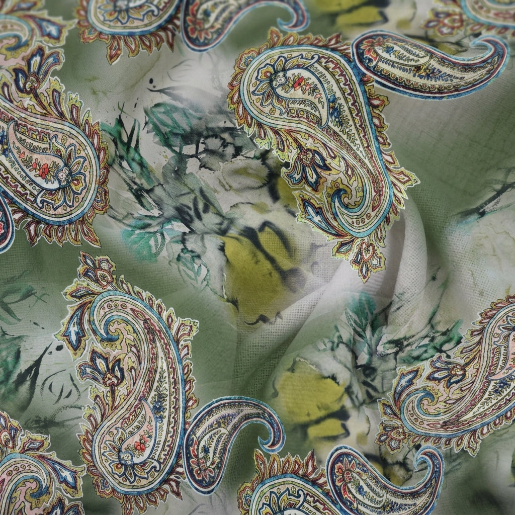 Swirled Paisley Green Paisley Crepe Fabric