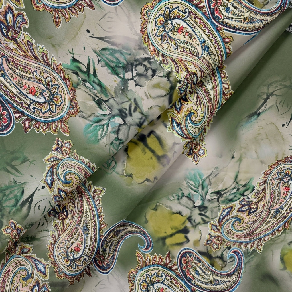 Folded Paisley Green Paisley Crepe Fabric