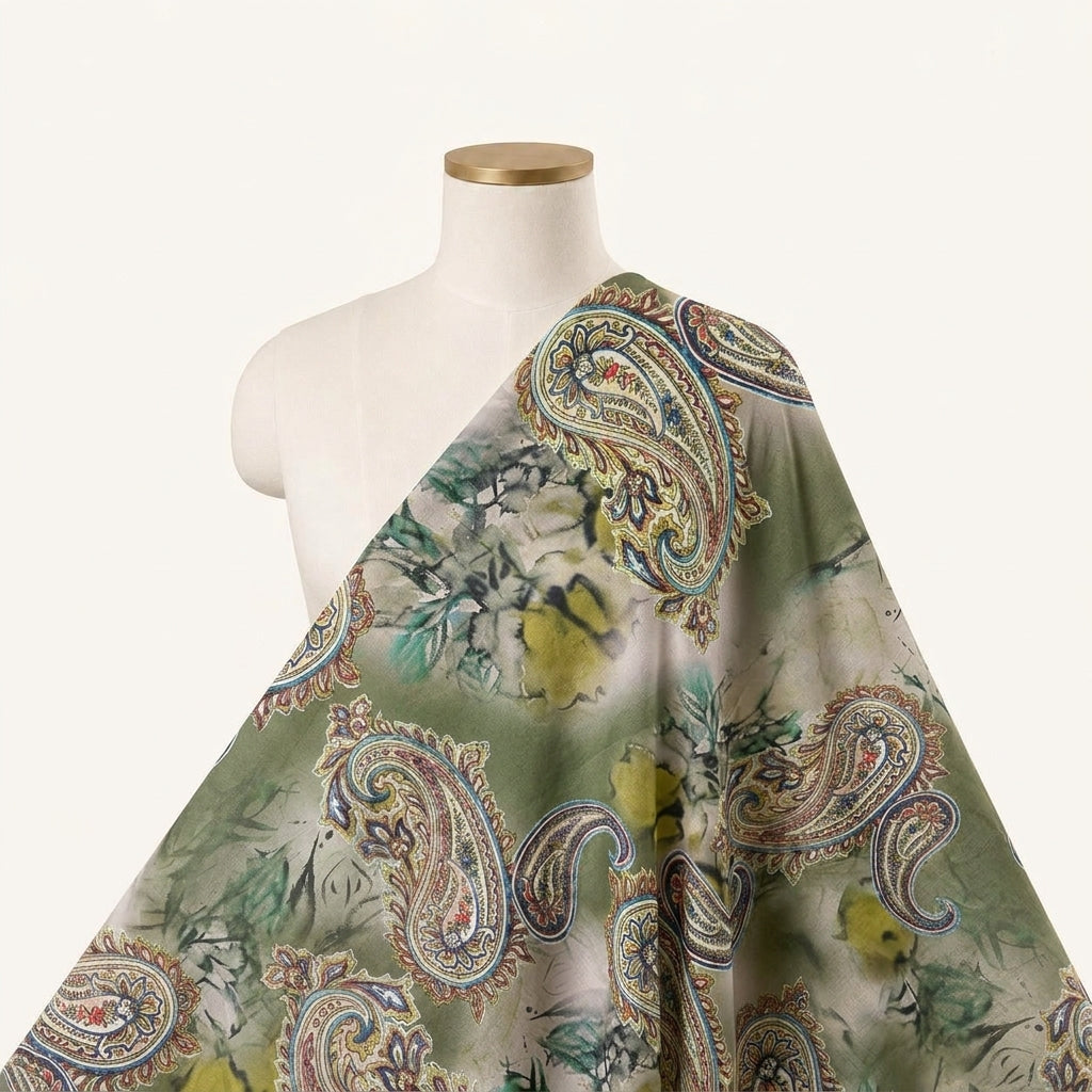 Paisley Green Paisley Crepe Fabric Draped as a saree