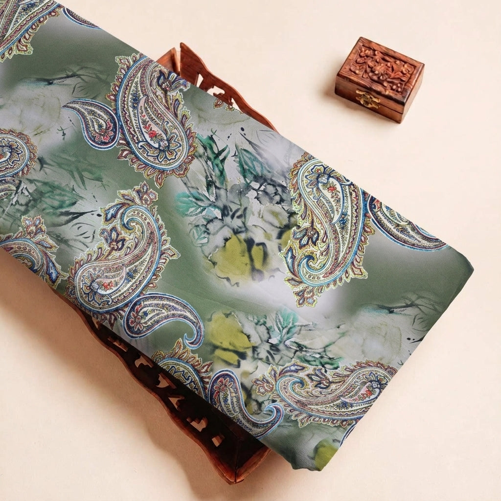 Folded Green Paisley Crepe Fabric Highlighting and Texture