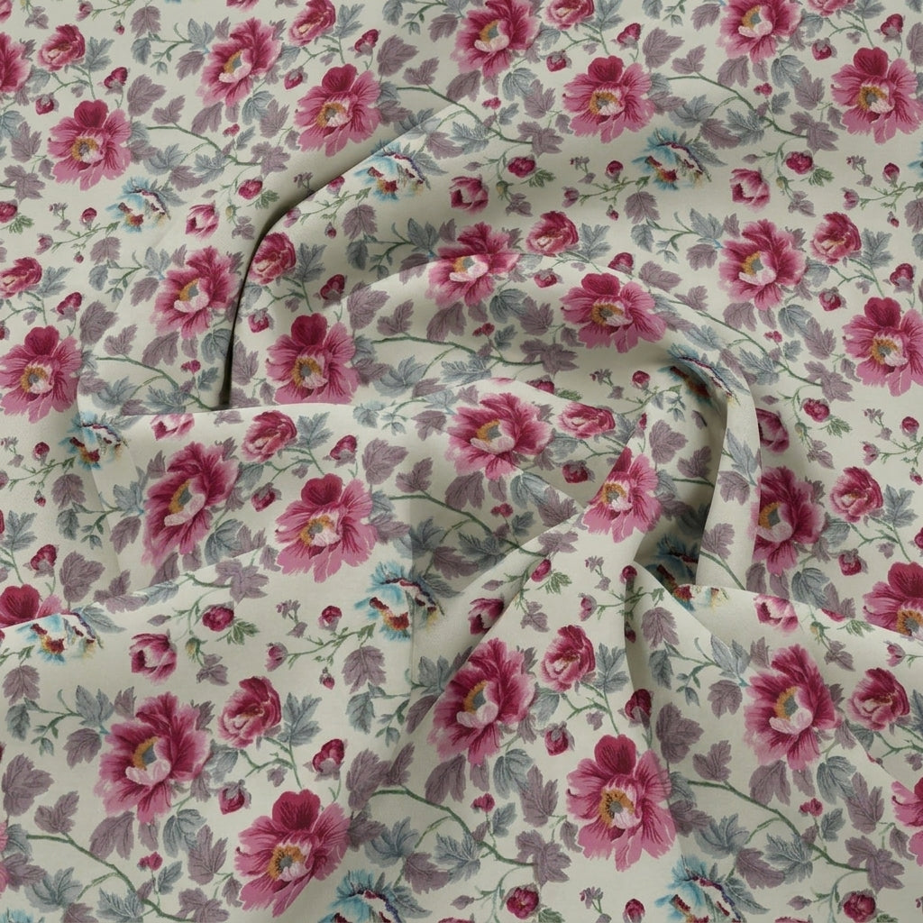 Swirled Cream Floral Crepe Fabric Showing Drape