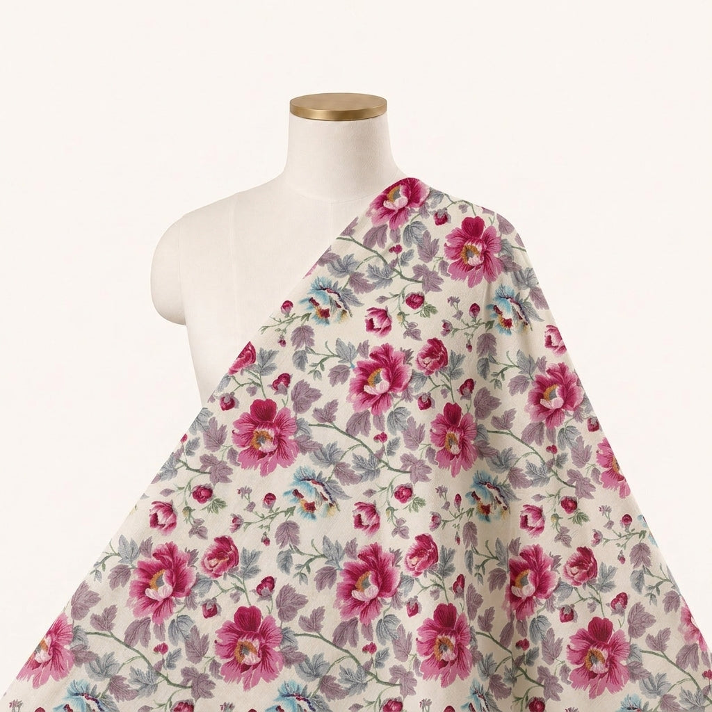 Cream Floral Crepe Fabric Draped as a saree