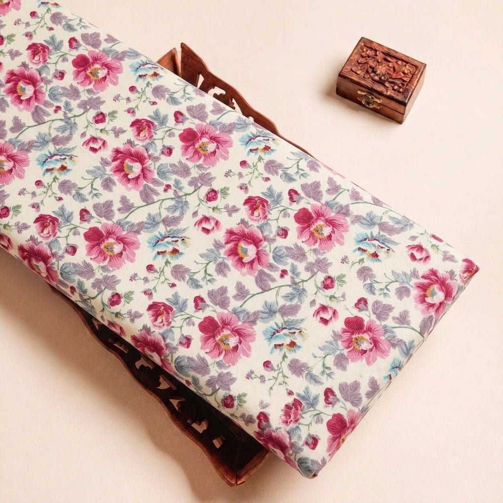Cream Floral Crepe Fabric, folded