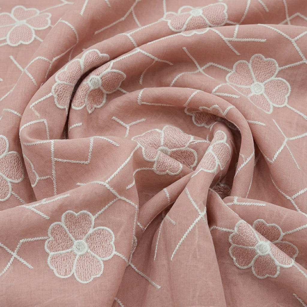 Swirled Embroidery Dusty Pink Embroidery Cotton Fabric