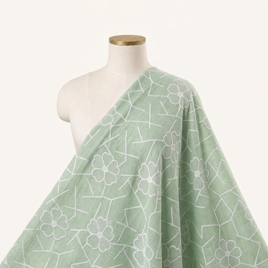Embroidery Green Embroidery Cotton Fabric Draped as a saree