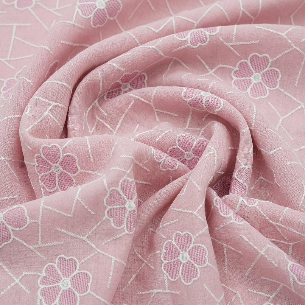 Swirled Embroidery Pink Embroidery Cotton Fabric
