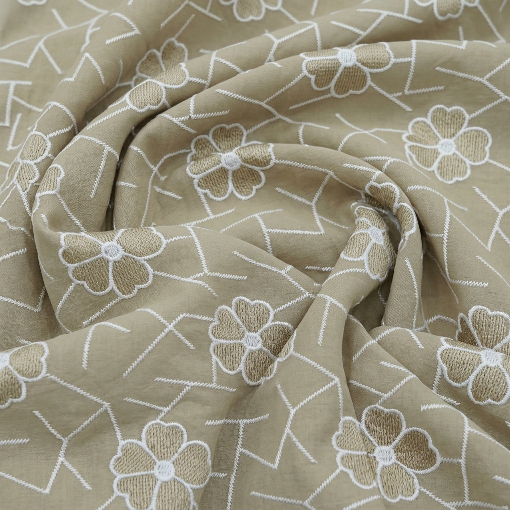 Swirled Embroidery Biege Embroidery Cotton Fabric