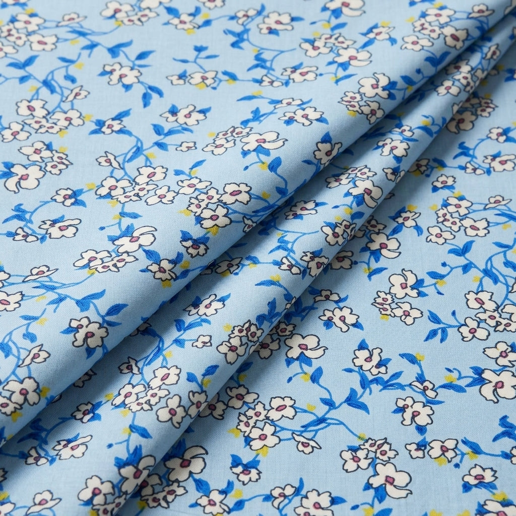 Folded Floral Blue Floral Cotton Fabric