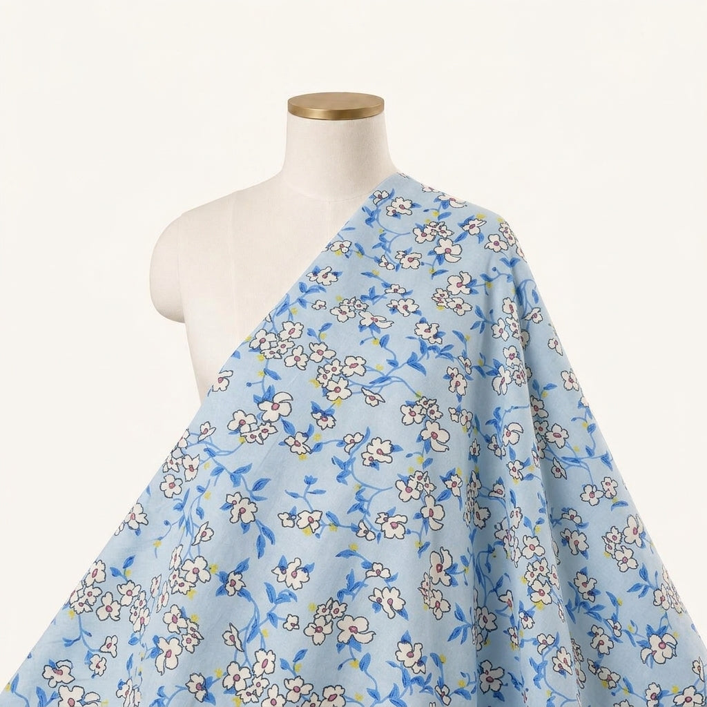 Floral Blue Floral Cotton Fabric Draped as a saree