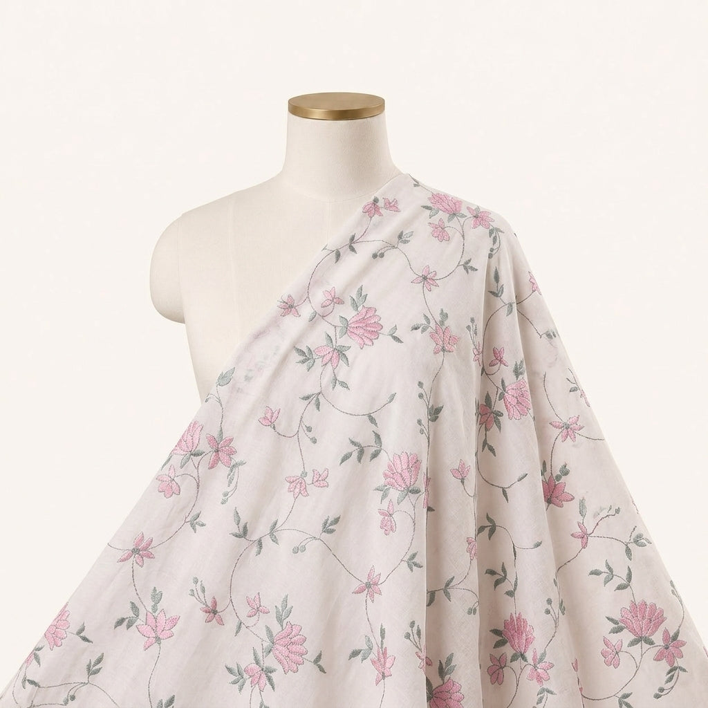 Embroidery Pink Embroidery Cotton Fabric Draped as a saree