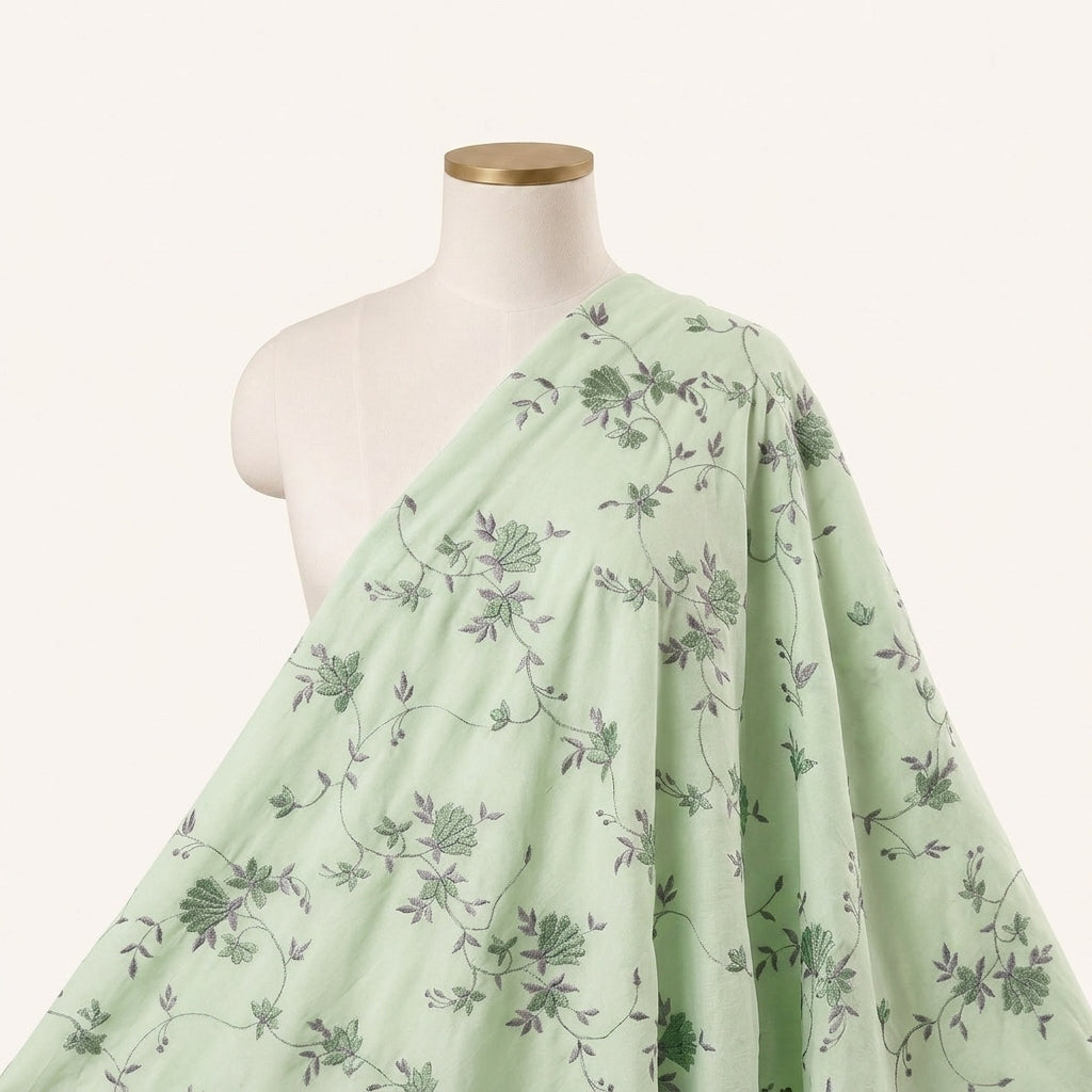 Embroidery Green Embroidery Cotton Fabric Draped as a saree