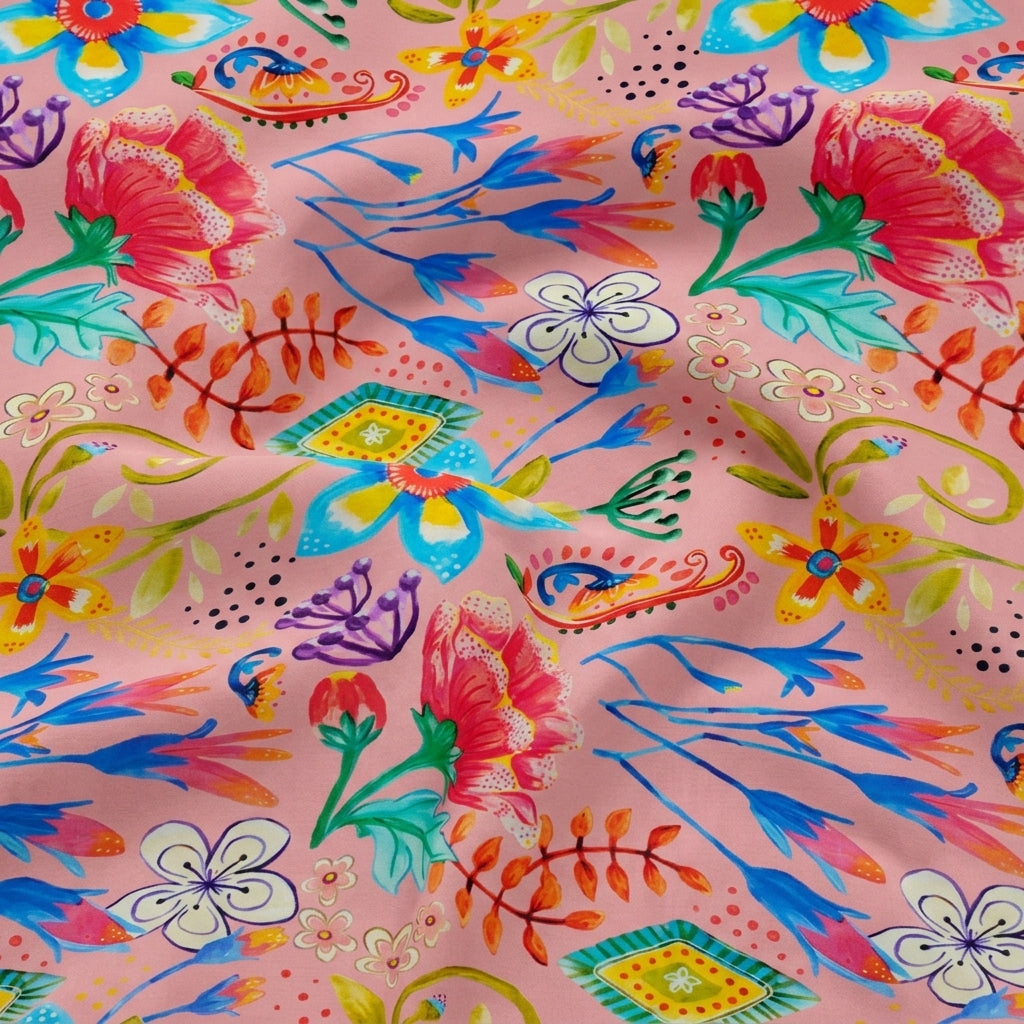 Swirled Floral Pink Floral Crepe Fabric