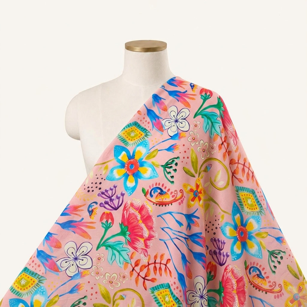 Floral Pink Floral Crepe Fabric Draped as a saree