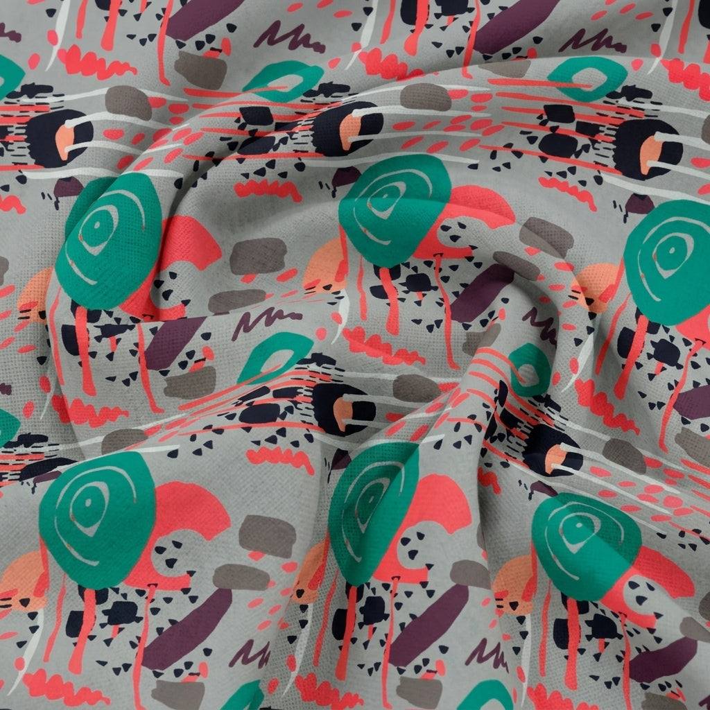 Swirled Printed Grey Printed Crepe Fabric
