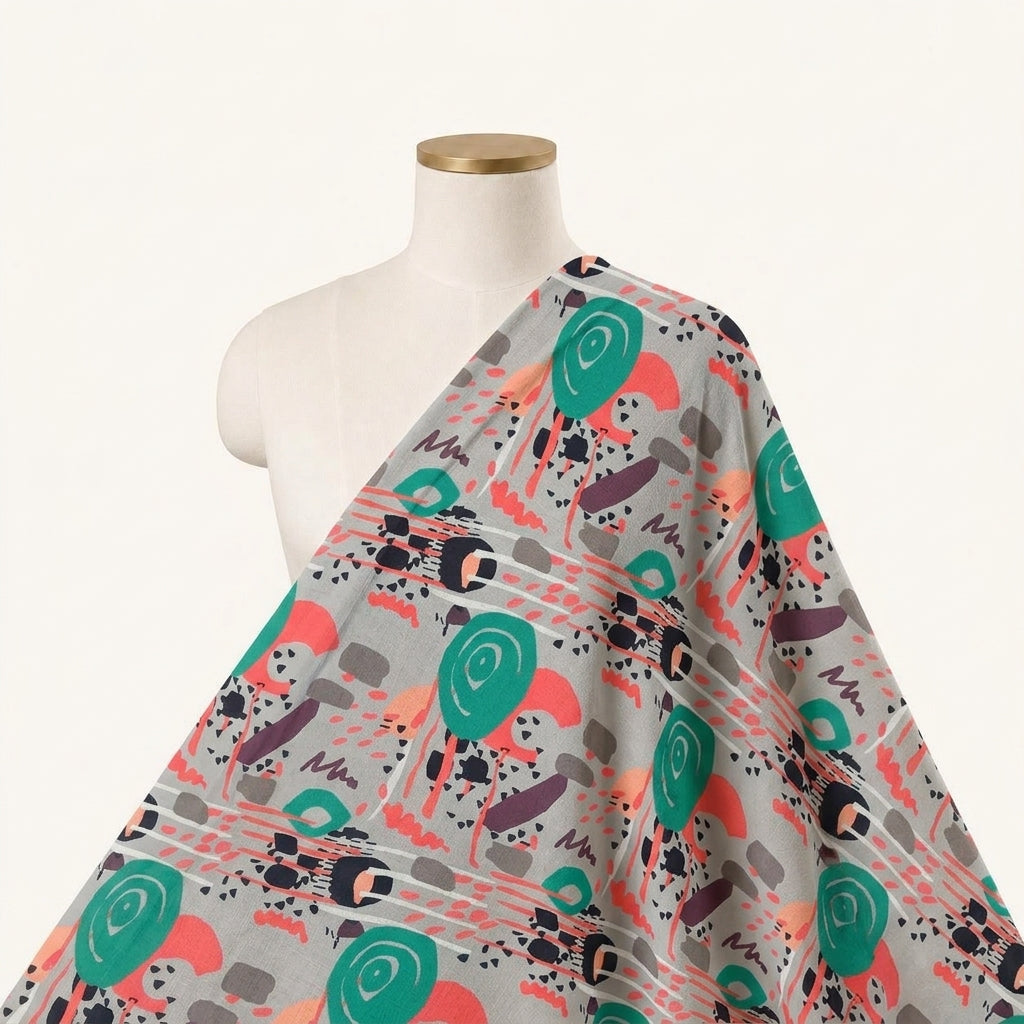 Printed Grey Printed Crepe Fabric Draped as a saree