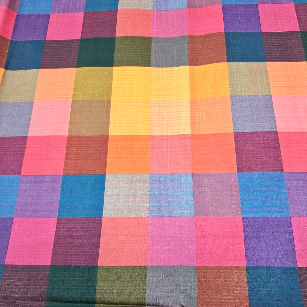 Multicolor Checked Raw Silk Fabric, laid flat