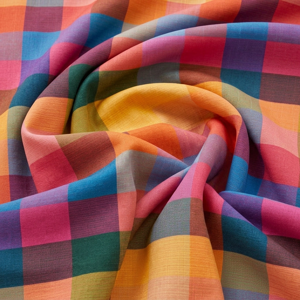 Swirled Multicolor Checked Raw Silk Fabric Showing Drape