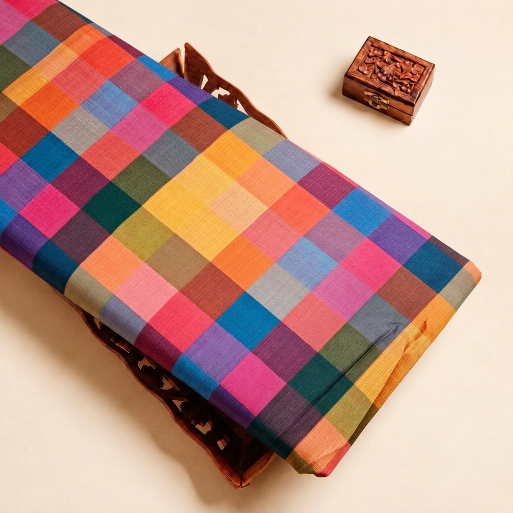 Multicolor Checked Raw Silk Fabric