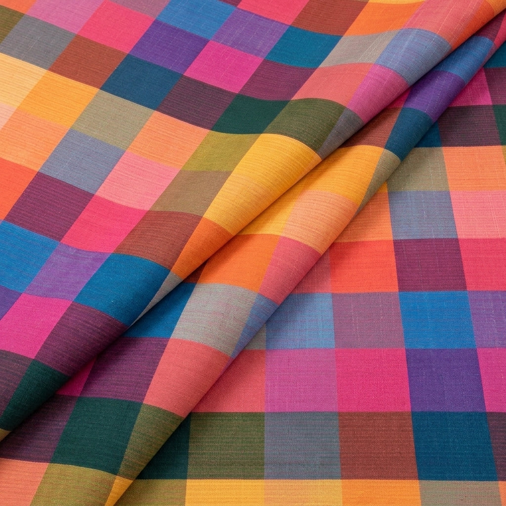 Folded Multicolor Checked Raw Silk Fabric