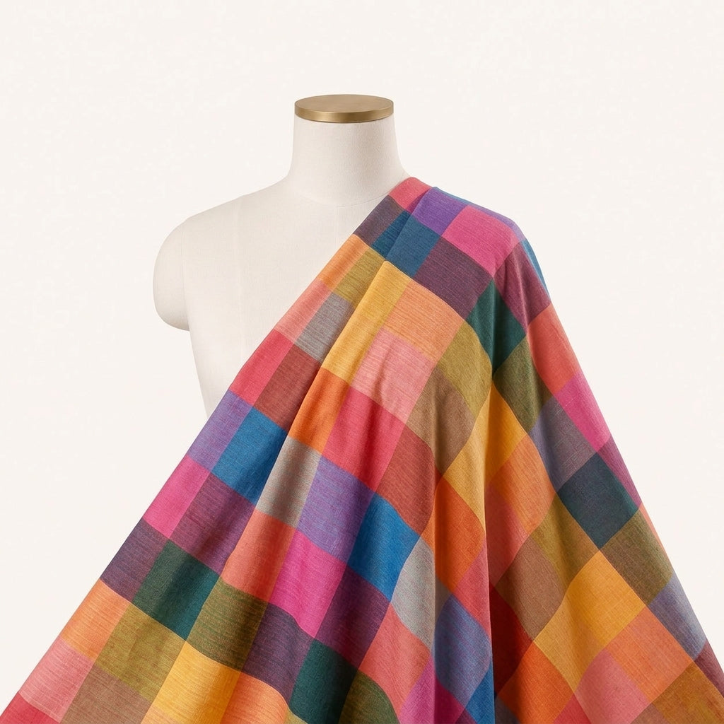 Multicolor Checked Raw Silk Fabric Draped as a saree