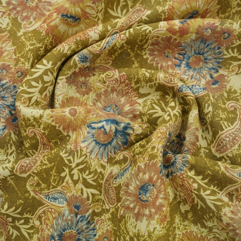 Swirled Floral Mehndi Green Floral Cotton Fabric